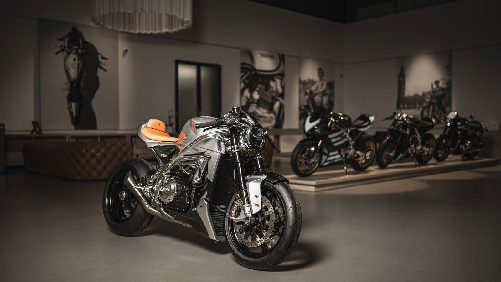 The foyer at Norton Motorcycles with some motorbikes from past and present 
